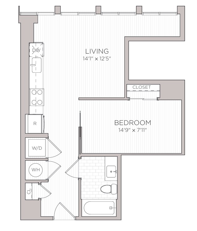 Floor plan for studio, 1 bath, 550 sqft